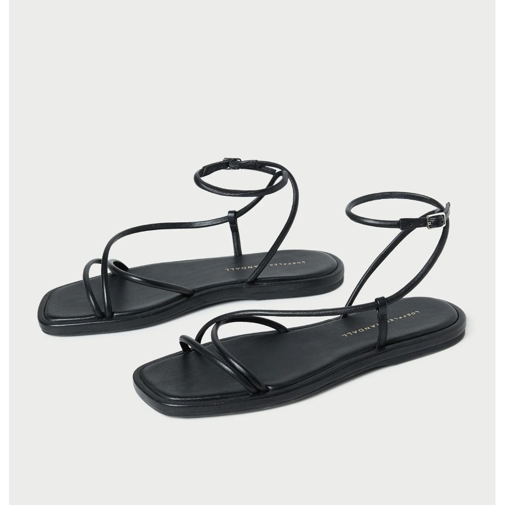 Loeffler Randall Noor Strappy Square Toe Flat Sandals Black Leather US 9 Boho